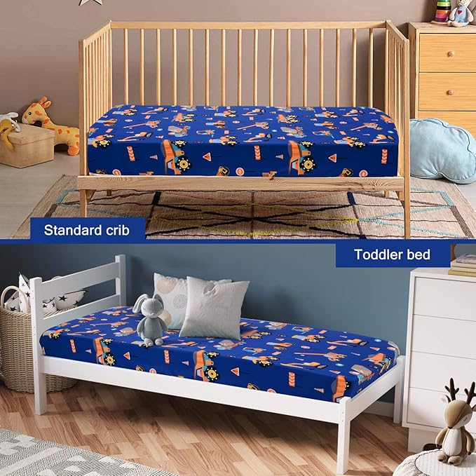 UOMNY Crib Sheet 52x28 Baby Sheet for Boys Breathable Fitted Crib Sheet for Standard Crib and Toddler Mattress Toddler Sheet Engineering Vehicle Blue