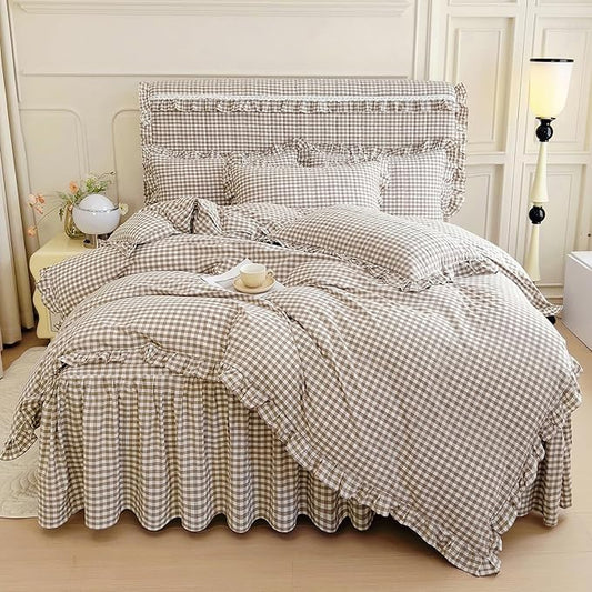 mixinni Tan Gingham Ruffle Duvet Cover King Size 3 Pieces – 100% Washed Cotton, Vintage Plaid Ruffled Bedding Set with Zipper Ties, Soft Cream Checkered Grid Farmhouse Chic Comforter Cover Set