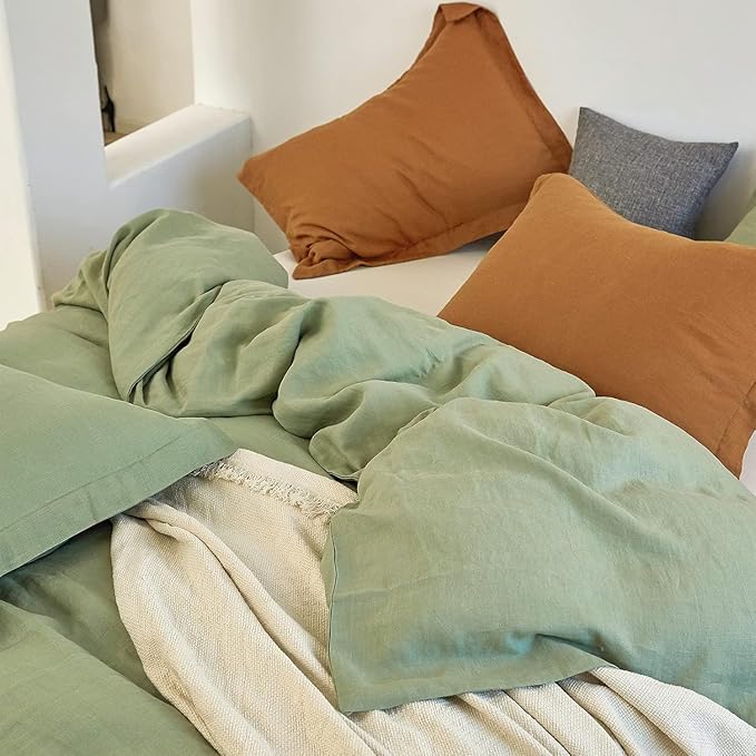 Simple&Opulence 100% Linen Duvet Cover Set, 3 PCS Natural French Flax Sage Green Duvet Cover Queen Size, Breathable Soft Comfy Linen Bedding Comforter Cover with 2 Pillowcases(Sage Green, 88"x92")