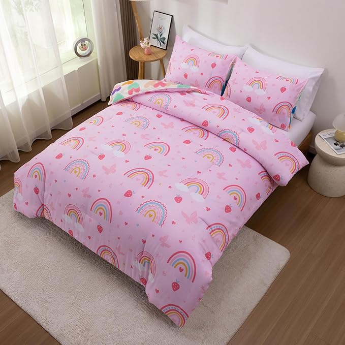 Btargot Lightweight Soft 3 Piece Rainbow Comforter Set with 2 Pillow Covers, Cartoon Butterfly Leaves Flowers Bedding Set for Girls Boys Kids, Full Pink