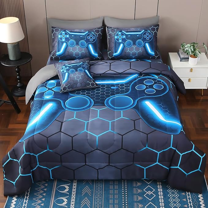 JQinHome Twin Gamer Comforter Set 6 Piece Bed in A Bag for Boys,3D Video Game Bedding -All Season Soft Microfiber Down Alternative Comforter Gamer Bedding Sets for Kids (Blue)