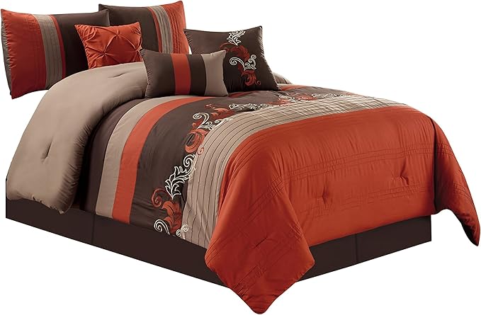 Chezmoi Collection Napa 7-Piece Luxury Leaves Scroll Embroidery Bedding Comforter Set (Oversized King, Rust Orange/Brown/Taupe)