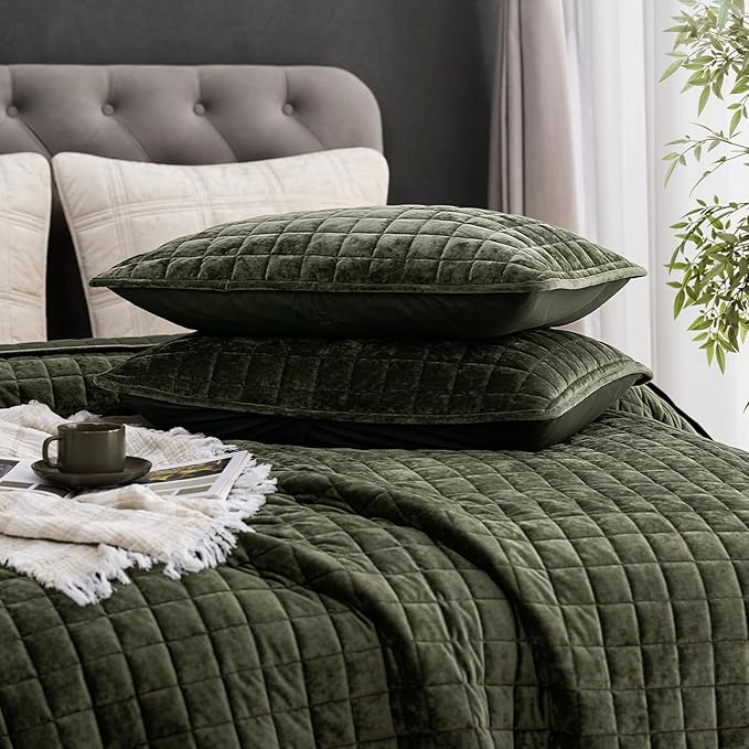 PHF Luxurious Velvet Quilt Set King Size – 3PCS Super Soft Quilted Comforter Alternative with Square-Box Quilt Pattern, Warm Quilted Bedspread Coverlet, 108" x 92", Smokey Olive