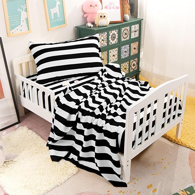 NTBAY Toddler Sheet Set - 3-Piece Microfiber Crib Sheet Set - Flat Sheet, Fitted Sheet, Pillowcase - Solid Toddler Bedding, Black and White Stripe
