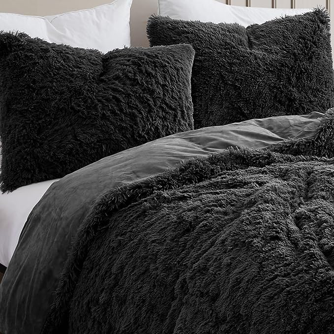 Twin Size Luxury Faux Fur Comforter Set - Soft & Breathable 5-Piece Bedding Collection - 1 Comforter, 1 Fitted Sheet, 1 Flat, 1 Pillowcase, 1 Pillow Sham - Deep Pocket - Premium Quality, Black