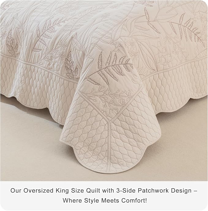 Lady Ann Oversized King Quilt Set 128x120, 3Pcs Botanical Leaves Print Bedspread Sets, Soft Lightweight Extra Large Wheat Coverlet, All-Season Bedding Comforter