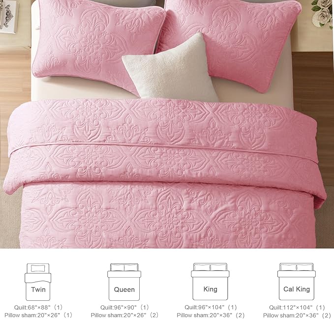 Whale Flotilla Soft Twin Quilt Bedding Set for All Seasons, Elegant Vintage Damask Ultrasonic Quilts Set, Lightweight Reversible Bedspread, Coverlet, Bed Cover with 1 Pillow Sham, Pink