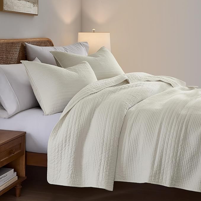 palassio Striped Beige 100% Cotton Quilt Twin Size Bedding Sets, Lightweight Crinkly Channel Pick Stitch Textured Bedspread Soft Shabby Chic Farmhouse Country Coverlet for All Season, 1 Sham