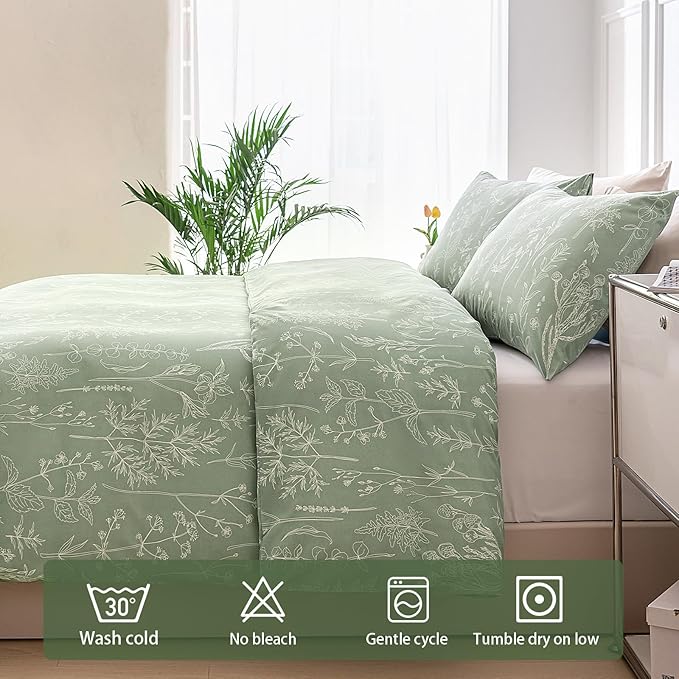 Lekesky Floral Duvet Cover King Size, Sage Green Duvet Cover King Plant Flowers Pattern Bedding Set for All Season, Soft Breathable Duvet Cover with Zipper Closure & Corner Ties