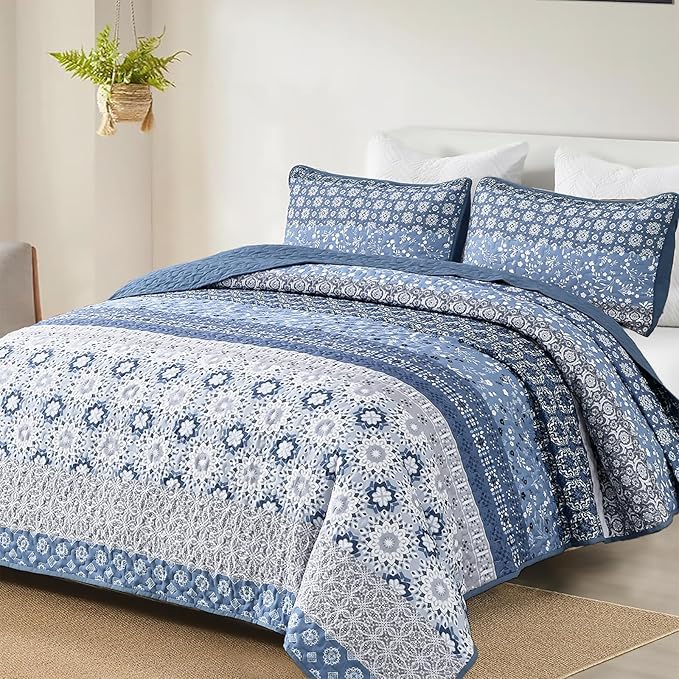 WONGS BEDDING Boho Quilt Set King, Blue Bohemian Striped Patchwork Bedspread Coverlet Set with 2 Pillowcases,Lightweight Microfiber Floral Bedding Set 104"×90"