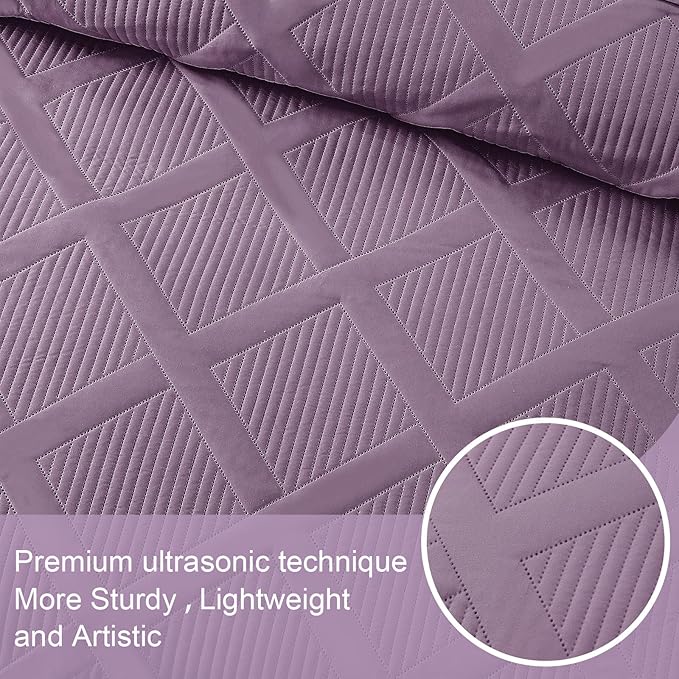 Exclusivo Mezcla Full Queen Size Quilt Set with Modern Striped Pattern, 3 Pieces Lightweight Dusty Lavender Quilts Bedding Set, Soft Bedspreads Coverlets for All Seasons