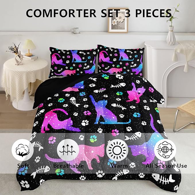 Cute Cat Comforter Kids Bedding Set Full,3Pcs Soft Paw Fish Bone Print Quilt Set Bed in A Bag with 1 Comforter 2 Pillowcases for Kids Boys Girls Teens Adults Room Decor All Season Gradient Blue