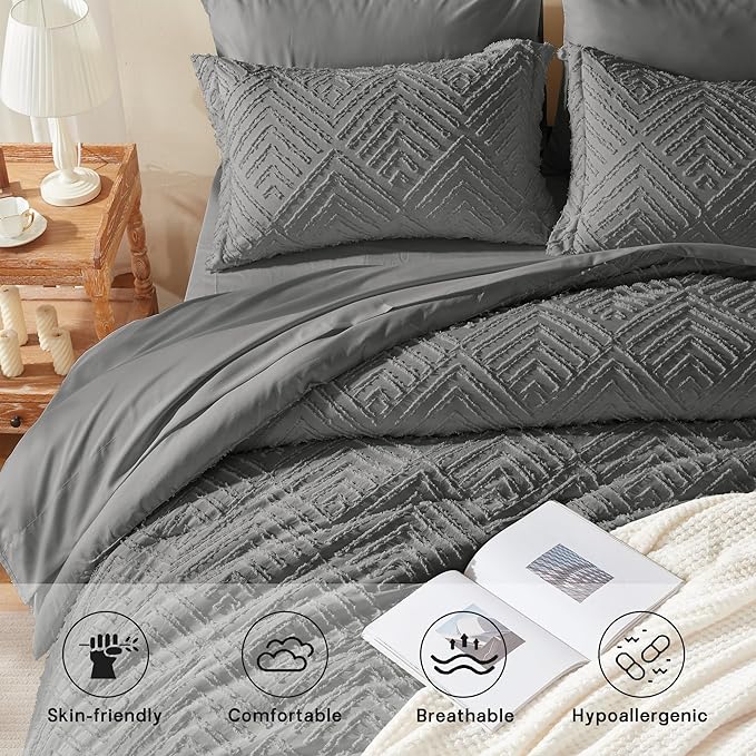 Zzlpp Twin Comforter Set 5 Pieces, Dark Grey Tufted Bed in a Bag with Comforter and Sheets, All Season Boho Bedding Sets with 1 Comforter, 1 Pillow Sham, 1 Pillowcase, 1 Flat Sheet, 1 Fitted Sheet