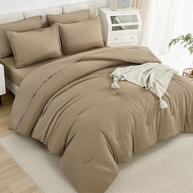 Litanika King Size Comforter Set Taupe - 7 Pieces Bed in a Bag King Bedding Comforter Sets, Solid Lightweight Bed Set with Comforter, Sheets, Pillowcases & Shams