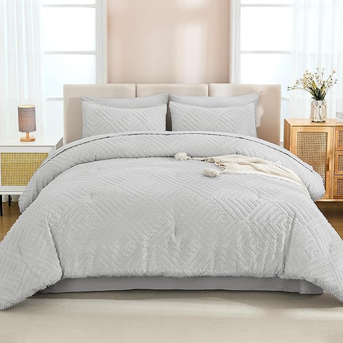 Andency Light Grey Super King Size Comforter Set with Sheets - 7 Pieces Bed in a Bag Boho Tufted Bedding Sets Fluffy Lightweight Super King Bed Set with Comforter, Sheets, Pillowcases & Shams