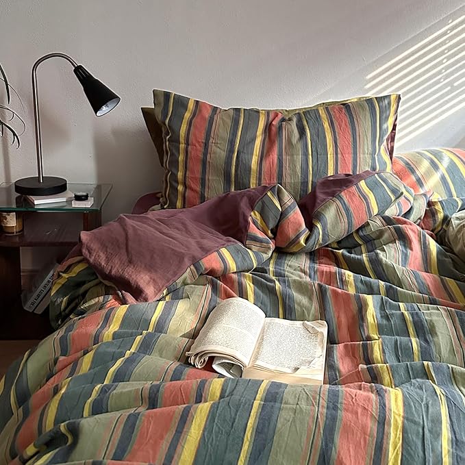 mixinni Vintage Striped Duvet Cover Set Twin Size - 3 Piece 100% Washed Cotton Bedding Set, Soft & Breathable, Colorful Striped Pattern Printed Comforter Cover for All Seasons