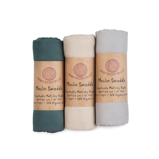 Meracorallo Muslin Swaddle Blanket Silky Soft Receiving Blanket Neutral Swaddle Wrap for Baby Boys and Girls, 47 x 47 inches, Set of 3 Solid Color (Green+Beige+Gray)