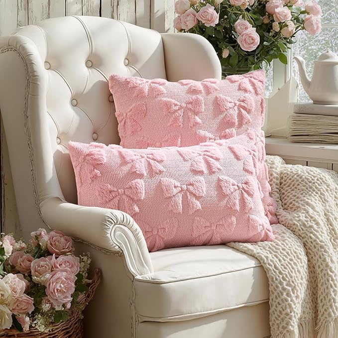 MIULEE Pink Bow Pillow Covers Coquette Room Decor Aesthetic Set of 2 Decorative Cute Girl Vlentine Pillow Covers Spring Soft Plush Faux Pillowcase for Preppy Room Decor Bedroom Couch,16x16 Inch