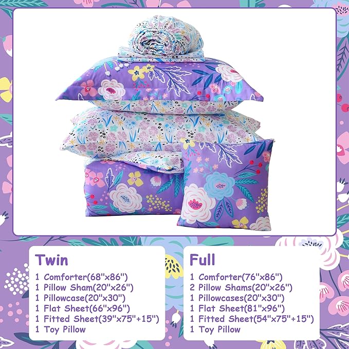 Mooreeke Kids Twin Comforter Sets for Girls 6 Pieces Purple Floral Bedding Set for Teens Microfiber Flowers Kids Bed in A Bag with Comforter, Sheet Set, Shams and Decorative Toy Pillow All Season