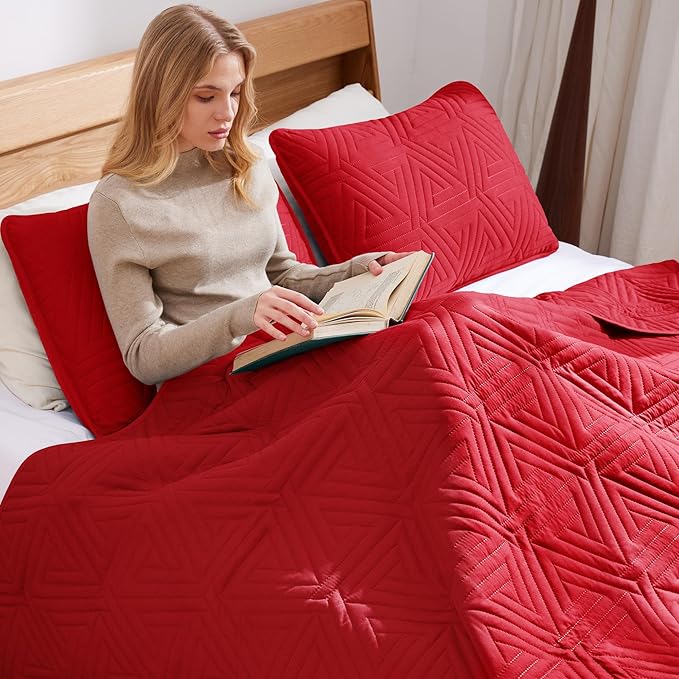 Whale Flotilla Soft Queen Size Quilt Set for All Seasons, 3-Piece Ultrasonic Geometric Quilts Bedding Set, Lightweight Reversible Bedspread, Coverlet, Bed Cover with 2 Pillow Shams, Red