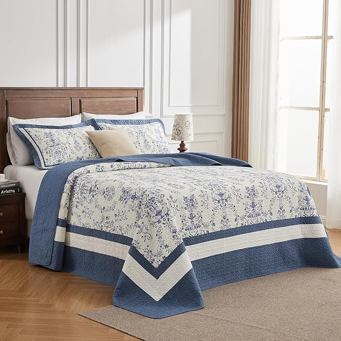 Oversized California King Bedspread - 100% Cotton Lightweight Quilted Coverlet - Soft Reversible Bedding, Medallion Floral Design - Includes 1 Bedspread (128x120)+2 Pillow Shams Blue/White