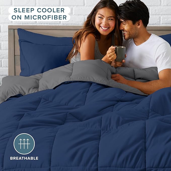 Bare Home Reversible Bed-in-A-Bag Comforter & Sheet Set - Full - Down Alternative - Soft - Bedding Set (Full, Dark Blue/Grey, Dark Blue)