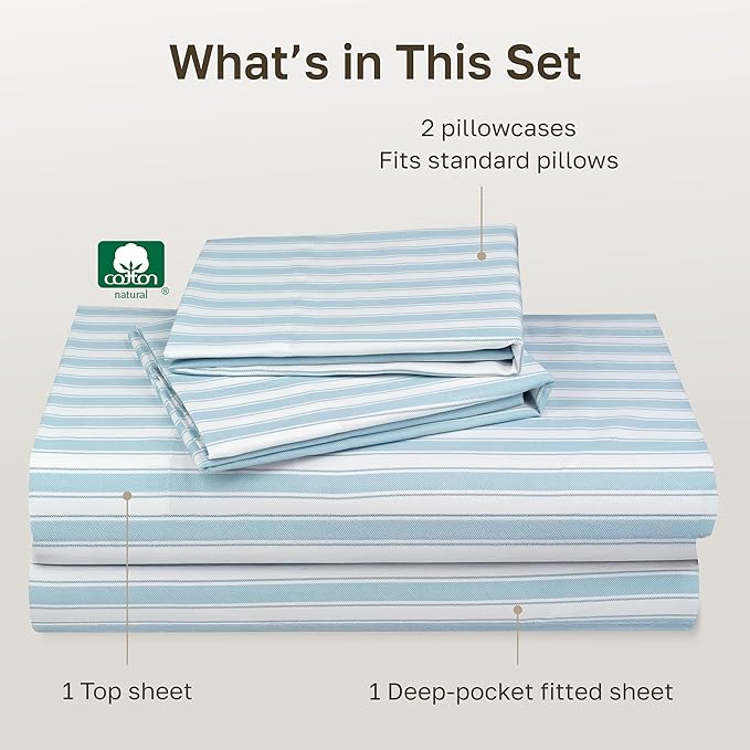 California Design Den Full Size Bed Sheets Set - 400 Thread Count Sateen, Natural 100% Cotton Sheets, Deep Pocket and Durable Bedding Set - Cape Stripe