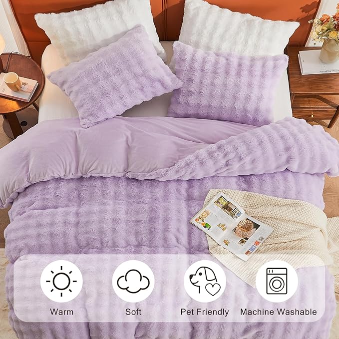 EMME Faux Fur Duvet Cover Queen Size, 3 Pieces Ultra Soft Fluffy Comforter Cover, Cozy Warm for Winter, Luxury Elegant Shaggy Bubble Design Bedding, 1 Duvet Cover & 2 Pillow Shams (Queen, Purple)