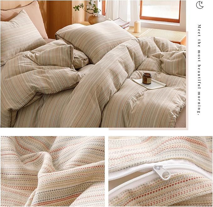 VM VOUGEMARKET Brown Tan Duvet Cover King Striped Pattern Yarn Dyed Muslin Cotton Duvet Cover with Embroidered Edge Super Soft Cozy Bedding Set for Men Women,King Size