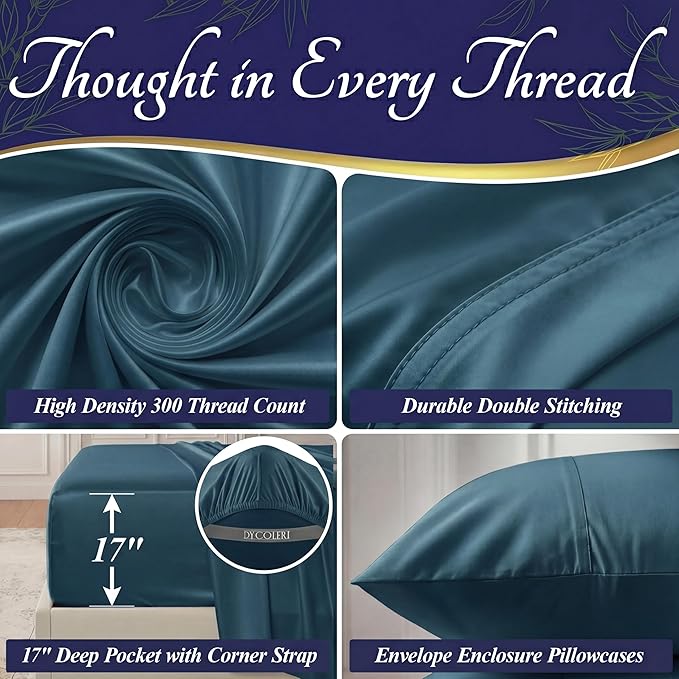 DECOLURE 100% Viscose Derived from Bamboo Sheets Full Size - Luxury 4 Pc Naturally Cooling Sheets, Ultra Soft Bed Set - Deep 17" Pockets, Durable Double Stitching, Oeko Tex Standard (Navy Blue)