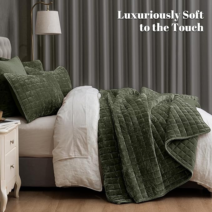 PHF Luxurious Velvet Quilt Set Twin Size – 2PCS Super Soft Quilted Comforter Alternative with Square-Box Quilt Pattern, Warm Quilted Bedspread Coverlet, 68" x 92", Smokey Olive