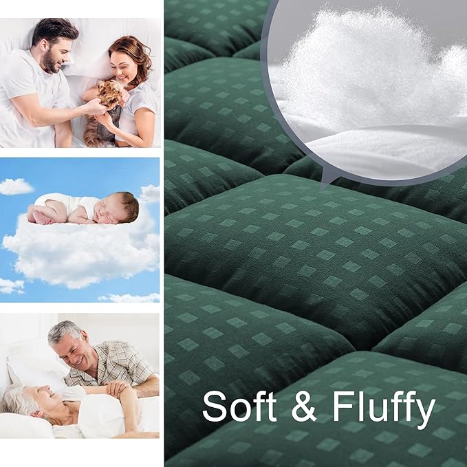 HYLEORY Twin Mattress Pad Quilted Fitted Mattress Protector Cooling Pillow Top Mattress Cover Breathable Fluffy Soft Mattress Topper with 8-21" Deep Pocket, Green