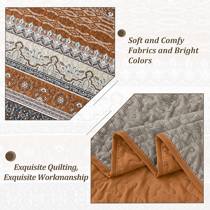 WONGS BEDDING Boho Fall Quilt Set California King, Brown and Grey Bohemian Striped Pattern Printed Quilt Coverlet, Lightweight Bed Decor Bedspread for All Season 106"x96"(3 Pieces, Cal King)
