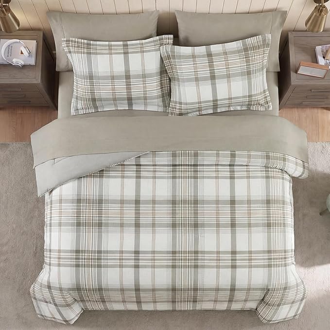 Queen Comforter Set Grey White, Plaid Bedding Set 7 Pieces, All Season Lightweight Bed in a Bag with Sheets, Pillowcase & Shams