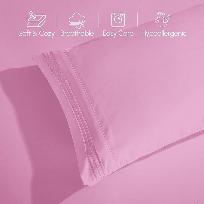 Elegant Comfort Luxurious 1500 Premium Hotel Quality Microfiber Three Line Embroidered Softest 5-Piece Bed Sheet Set, Wrinkle and Fade Resistant, Split King, Light Pink