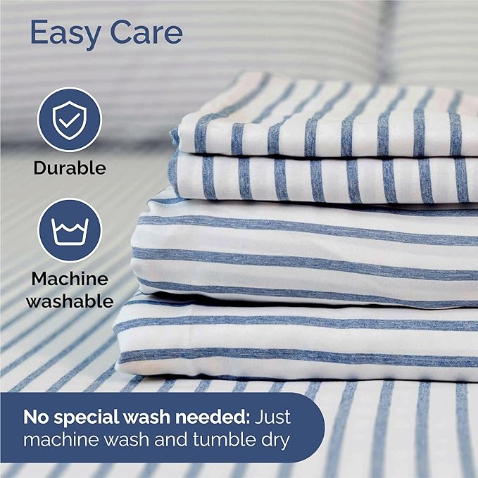 Split King 7 Piece Sheet Set - Comfy Breathable & Cooling - Soft Hotel Luxury Bedding Set w/ 8-16 Inch Deep Pockets - 1 Flat & 2 Fitted Sheet & 4 Pillowcases - Cozy and Wrinkle Free - Blue Stripes 2