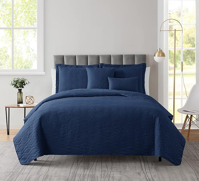Hearth & Harbor Quilts King Size - All Season Bedspread Coverlet Set, Pinsonic Weave Lightweight Bedding Set - 5 Piece King Quilt Set with Pillow Shams, Ellipse - Navy