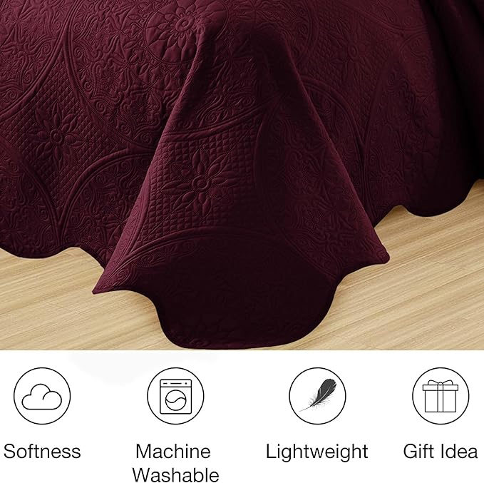 MOONLIGHT20015 8 Pack Quilt King Size Bedding (106" x 96") - Bulk Wholesale for Hotels, Guest Bedroom & Airbnbs - Lightweight Microfiber Reversible Floral Embossed Quilts Bedspreads (Burgundy)