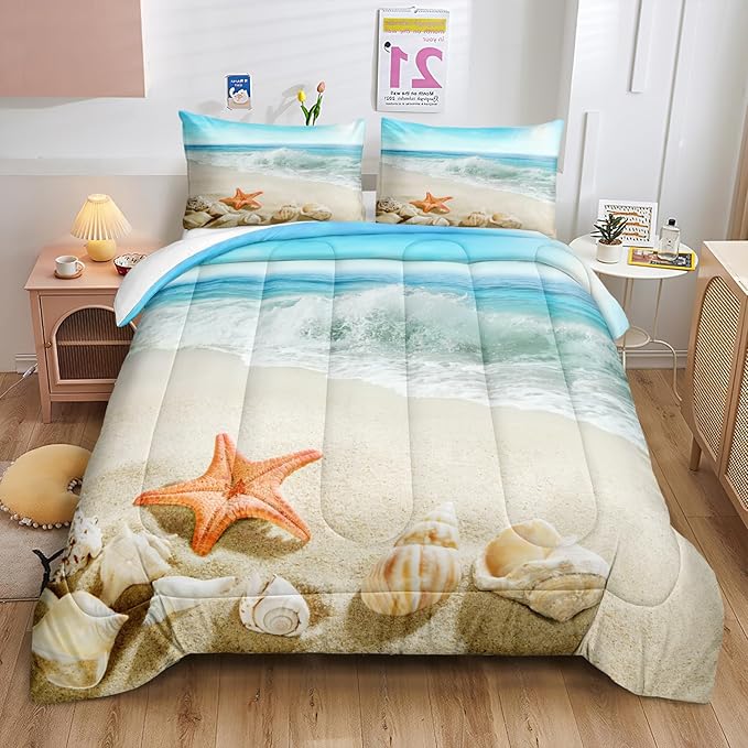 Bedbay Coastal Bedding King Size Beach Comforter Set Boys Girls Ocean Room Decor Starfish Seashore Beach Quilt Set 3 Pcs Beachy Duvet Insert Soft Down Comforter for All Seasons(Conch,King)