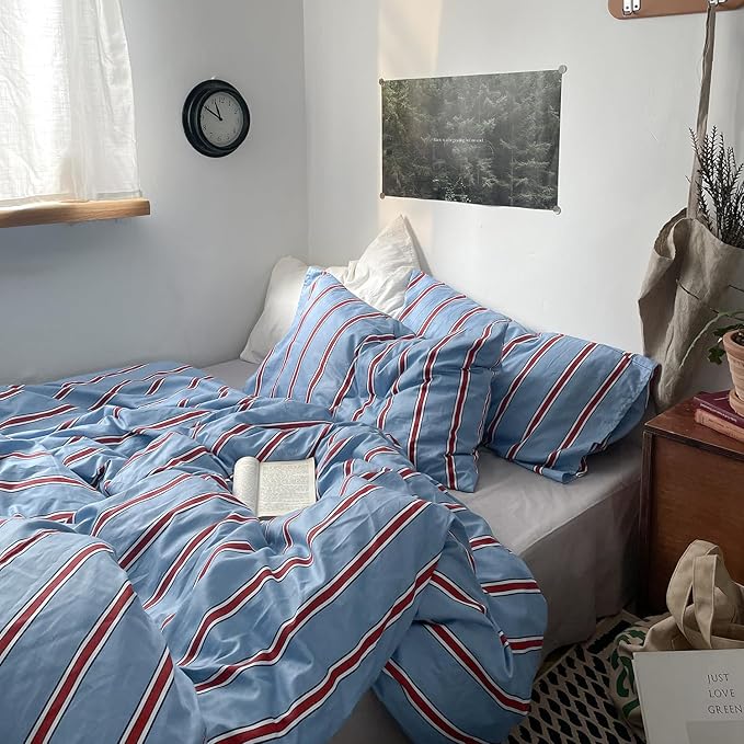 mixinni Vintage Striped Blue Duvet Cover Twin - 100% Cotton Red Stripes 3-Piece Bedding Duvet Cover Set with Zipper Closure, Soft & Breathable Retro Design for All Seasons (Twin Size)