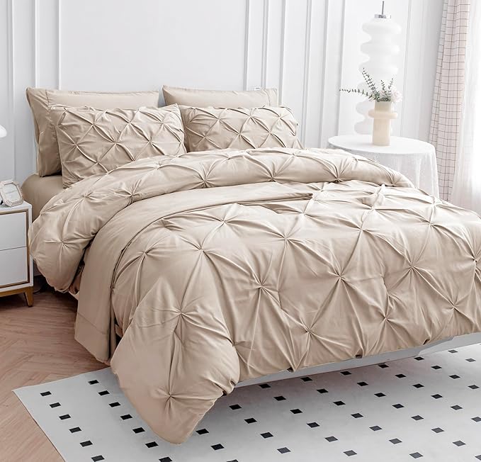 LANE LINEN California King Comforter Set of 7 PCs - Hotel-Style Down Alternative Bed in a Bag - Classic Pintuck Stitch Bedding Set - Super Soft, Warm, All-Season Oversized Cali King Comforter - Beige | Extended coverage, Generous size, Year round comfo...