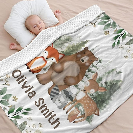 Personalized Baby Blankets for Girls, Baby Blanket for Girls with Name, Soft Plush Receiving for Newborns - Essential Baby Items, Woodland Bear 35x45 Inches