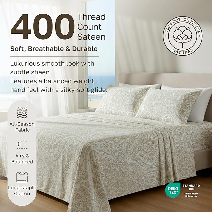 California Design Den California King Sheet Sets - 400 Thread Count Sateen, Natural 100% Cotton Sheets Set, Deep Pocket and Durable Bedding - Paisley Pattern, Beige