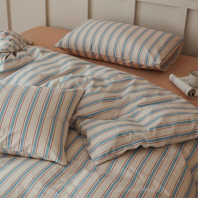 LifeTB Striped Comforter Set Queen Size, Fluffy Soft Blue Brown Stripes Pattern Printed Bedding Set, 3 Pieces Lightweight Bedding Comforter Set, Breathable Striped Bed Comforter with 2 Pillowcases