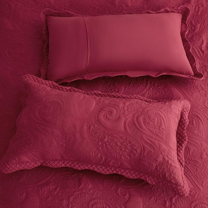 Oversized King Bedspread 138x122 Extra Wide, Paisley Pattern Design, Lightweight Bedding Cover, Reversible, 5 Piece, 100% Microfiber, California/Alaskan King, Wine Red