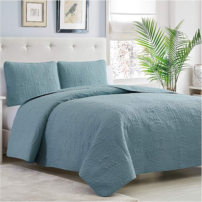 Mellanni King Bedspread Coverlet Set - Bedding Cover with Shams - Ultrasonic Quilting Technology - 3 Piece Oversized Quilt Set - Bedspreads & Coverlets (King, Spa Blue)
