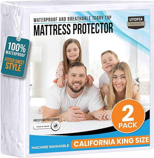 Utopia Bedding Waterproof Mattress Protector California King Size 2 Pack, Premium 200 GSM Terry Mattress Cover, Soft & Breathable Bed Cover, Fitted Sheet Style with Stretchable Deep Pocket 17" (White)