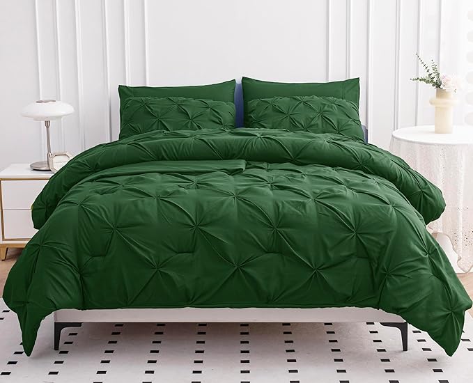 LANE LINEN Comforter Set Full Size - 7 Piece Classic Pintuck Bed in a Bag - Includes 1 Comforter, 1 Flat Sheet, 1 Deep Pocket Sheet, 2 Pillowcases, 2 Shams - Hotel-Style Comfort at Home - Olive Green | Durable daily use, Hotel sleep feel, Smooth microf...