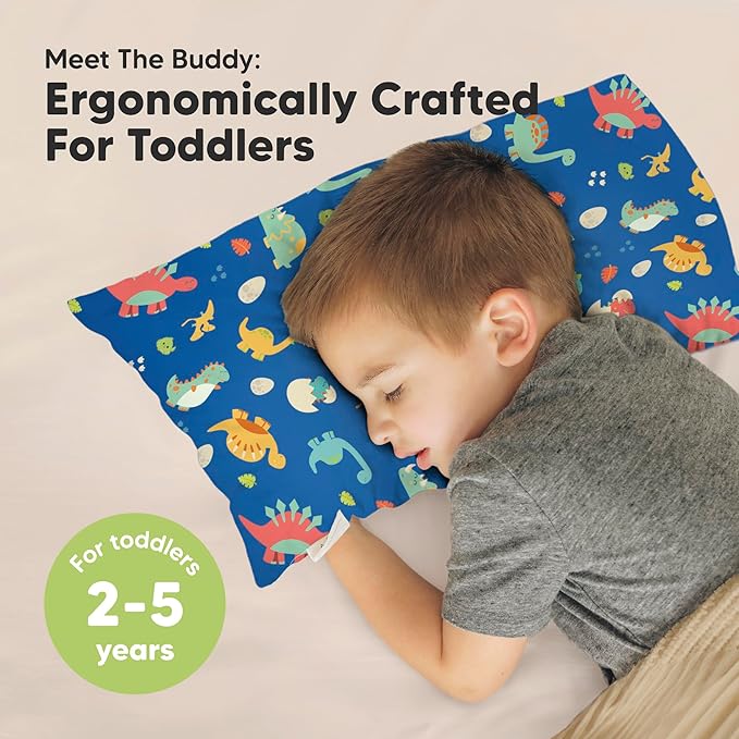 Toddler Pillow with Pillowcase - 10x18 My Little Dreamy Kids Travel Bed Pillows for Sleeping, Organic Cotton Small Pillowcase, Soft & Breathable, Machine Washable, Toddlers 2-5 years old (DinoWorld)