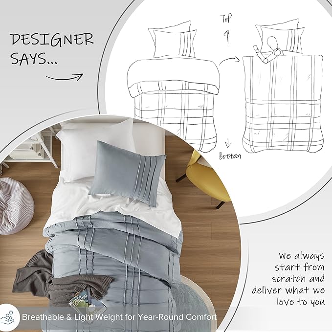 Comfort Spaces Blue/Grey Twin Size Duvet Cover Set - 2 Piece Pintuck Pleated Duvet Cover, All Season Lightweight, Extra Softness Pre-Washed Microfiber Bedding Cover Shams